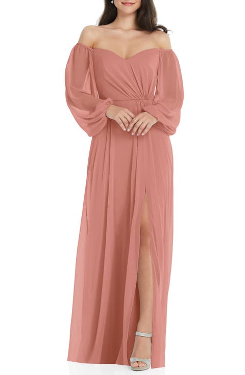 Convertible Neck Long Sleeve Chiffon Gown