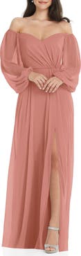 Dessy Collection Convertible Neck Long Sleeve Chiffon Gown