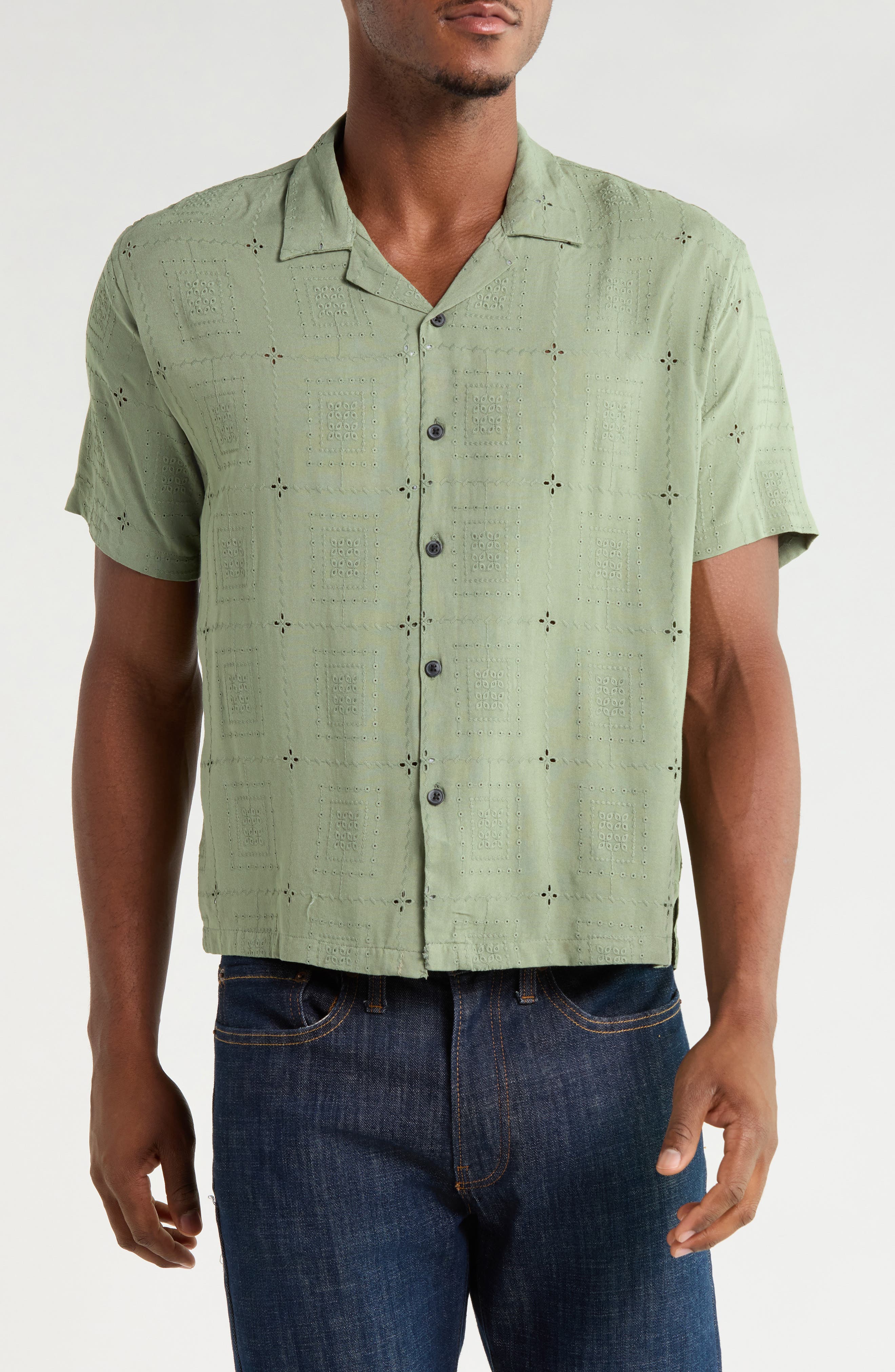 Floral Eyelet Embroidered Boxy Fit Camp Shirt