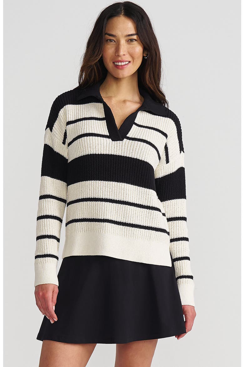 Cotton Boucle Johnny Collar Textured Sweater, Main, color, Ivory/Black Stripe