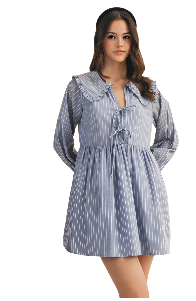 Knit and Lounge Striped Mini Dress with Ruffle Collar and Front Tie Detail, Alternate, color, 