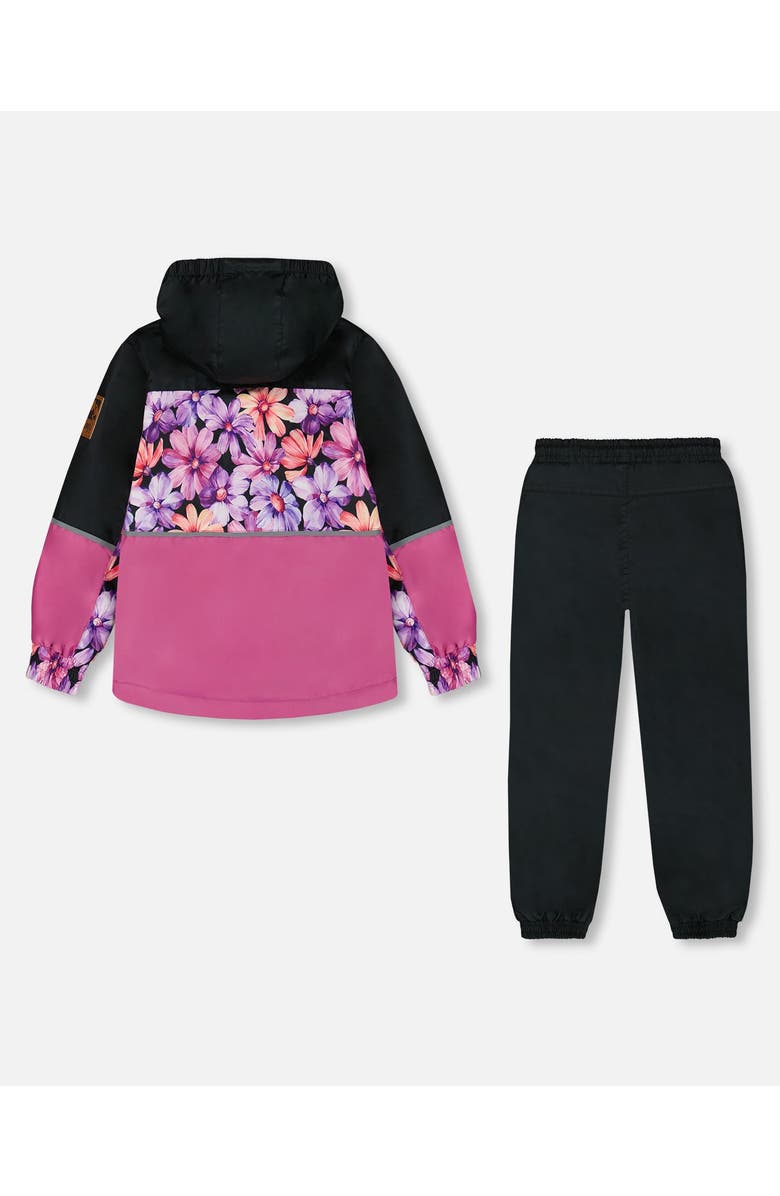 Deux par Deux Girl's Two-Piece Mid-Season Outerwear Set Black With Pink And Orange Flowers, Alternate, color, 