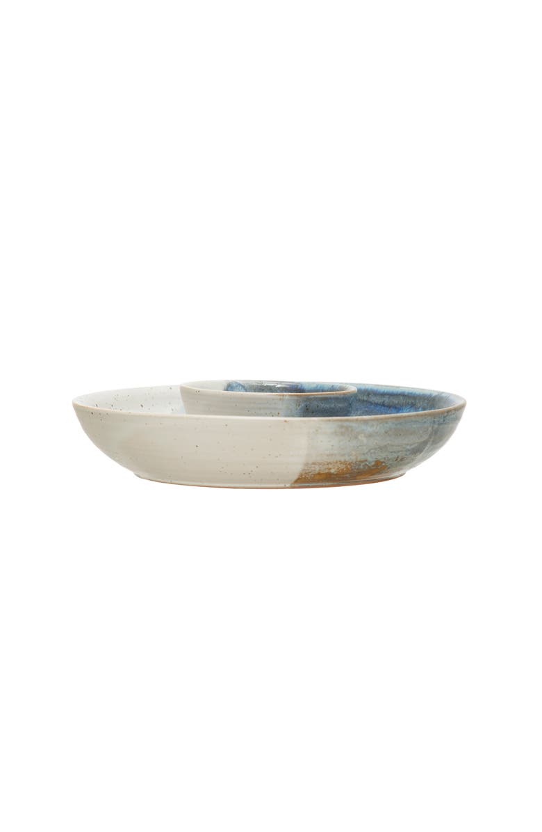 Storied Home Hand-Painted Stoneware Chip and Dip, Reactive Glaze, Cream Color and Blue, Main, color, Blue