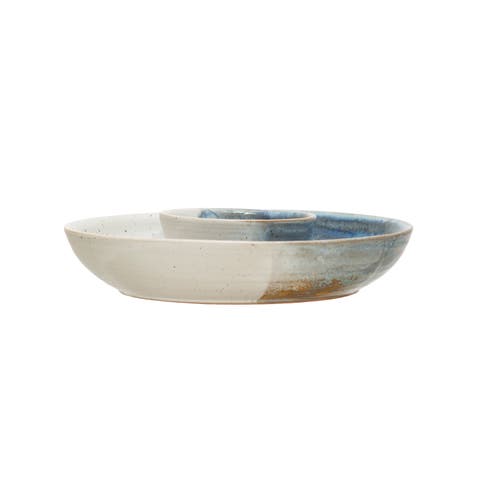 Hand-Painted Stoneware Chip and Dip, Reactive Glaze, Cream Color and Blue (Each One Will Vary)