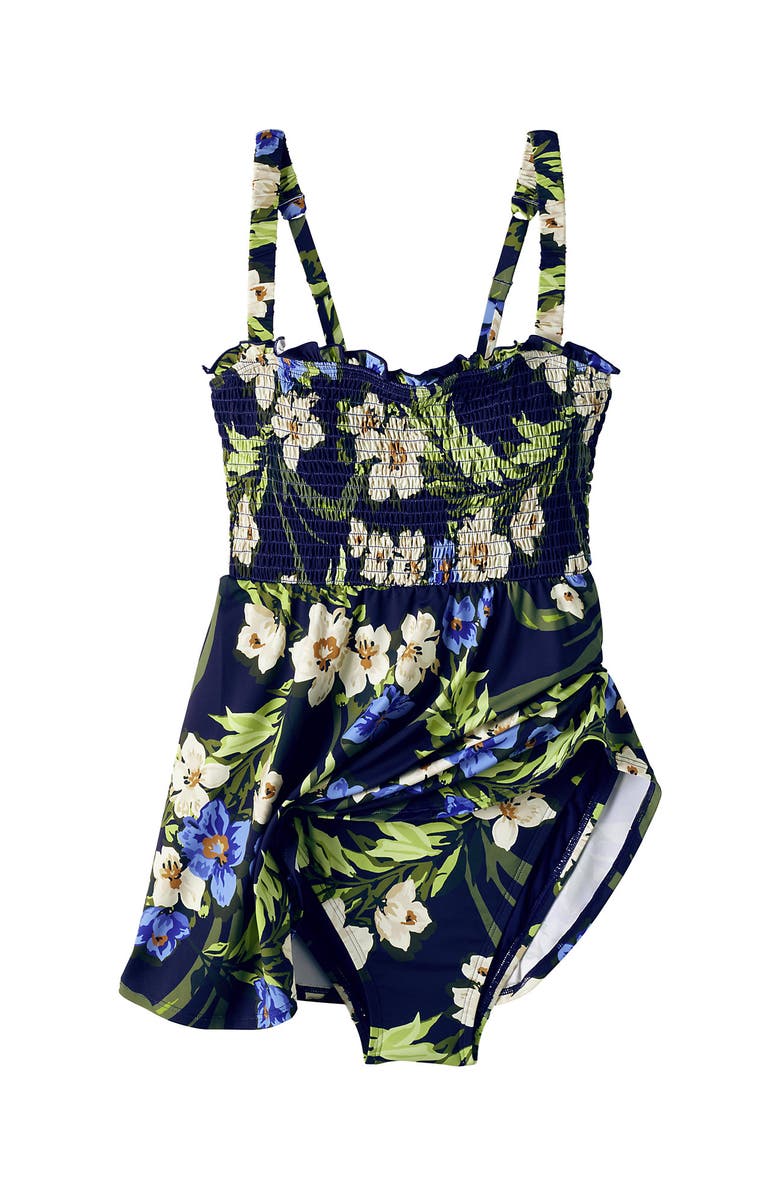 Lands' End Womens Square Neck Smocked Mini Swim Dress, Alternate, color, Deep Sea/Blue Floral Tropic
