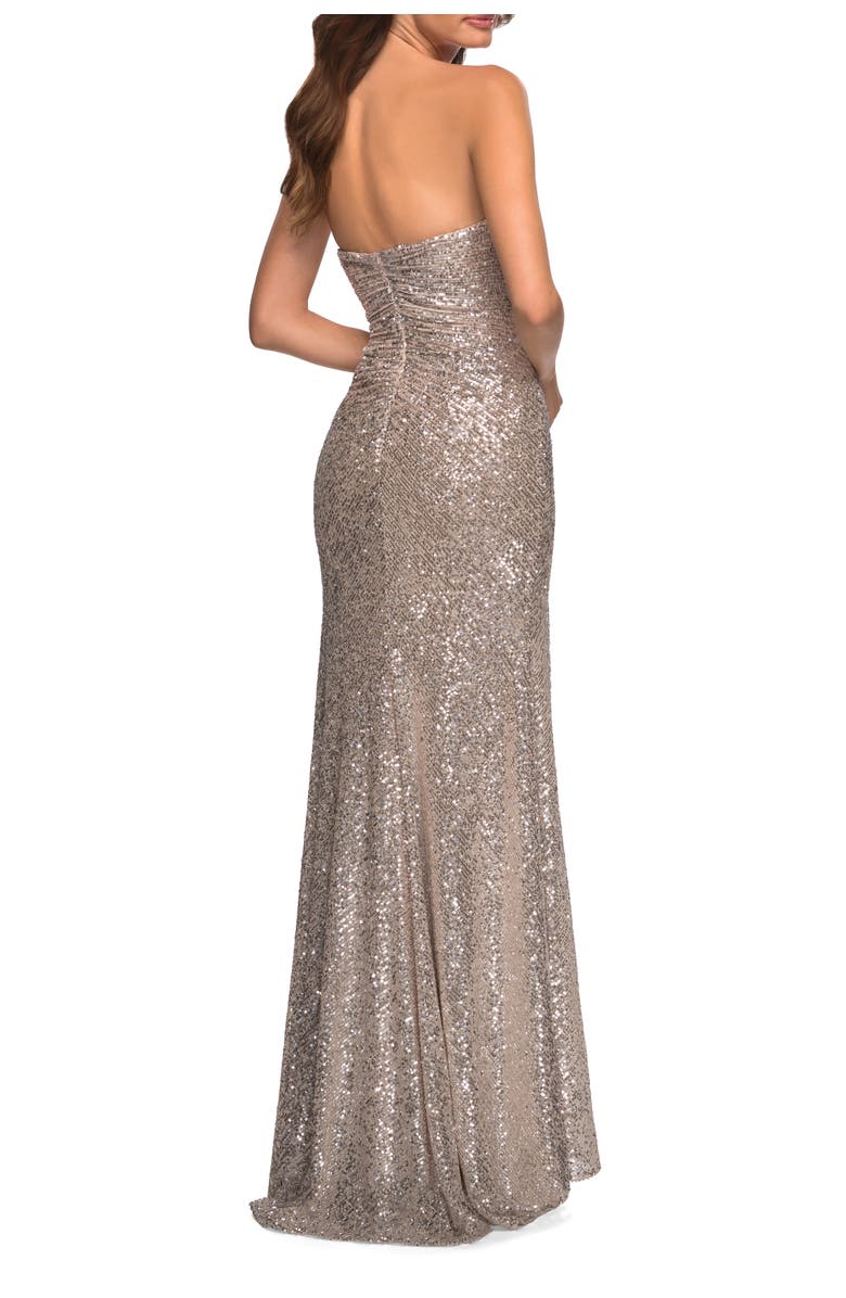 La Femme Strapless Ruched Sequin Gown in Gorgeous Colors, Alternate, color, Silver