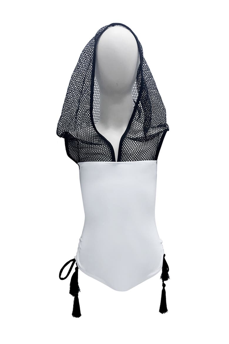 Sport Mesh Hooded with Tassel Side-Ties One-Piece Swimsuit,, Main, color, White