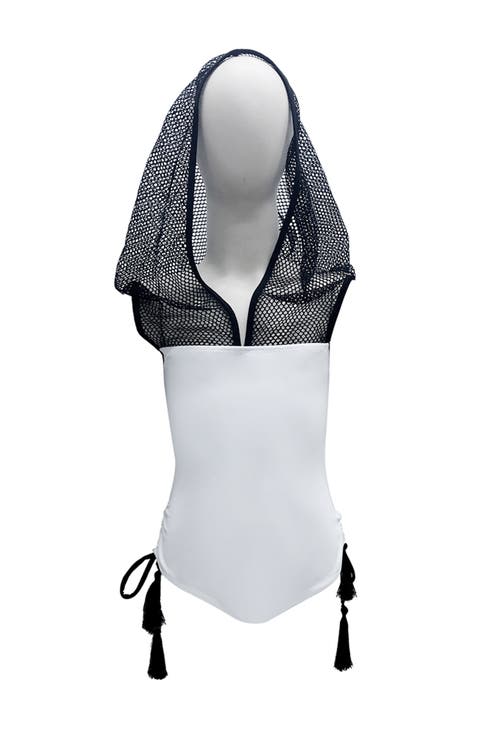 Sport Mesh Hooded with Tassel Side-Ties One-Piece Swimsuit,