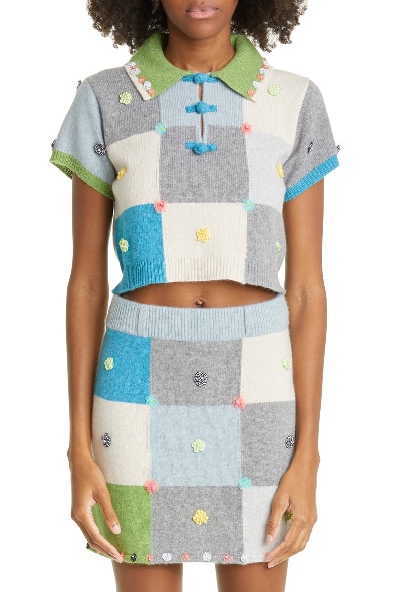 Floral Appliqué Checkerboard Lambswool Sweater, Main, color, BLUE/ GREEN