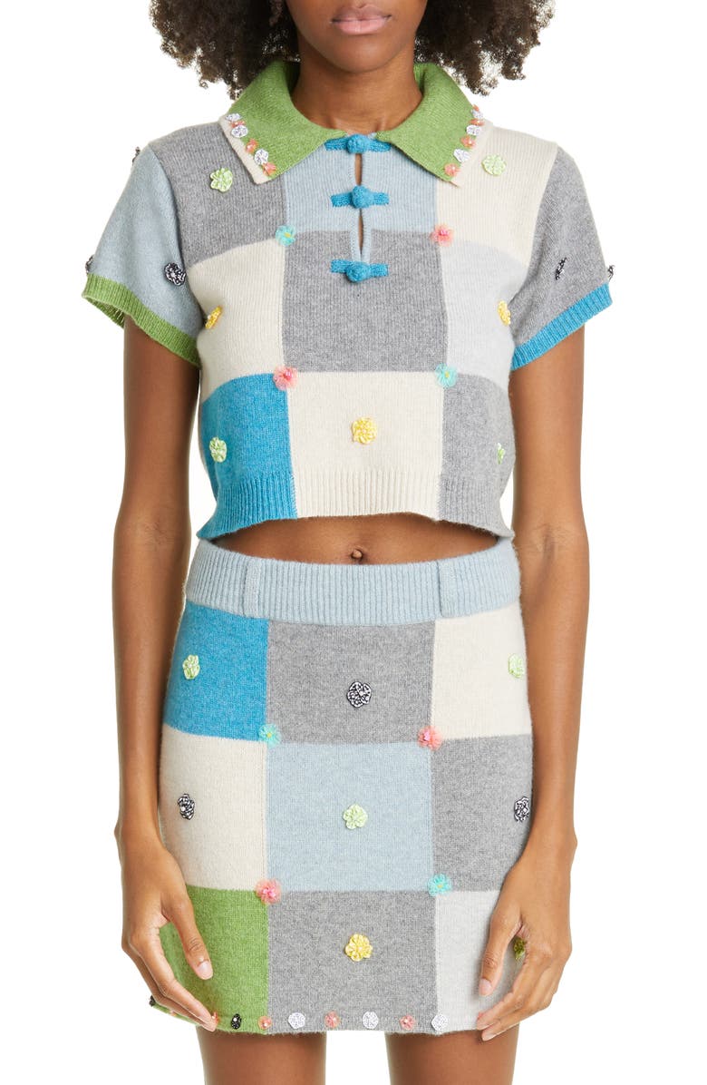 YanYan Floral Appliqué Checkerboard Lambswool Sweater, Main, color, 