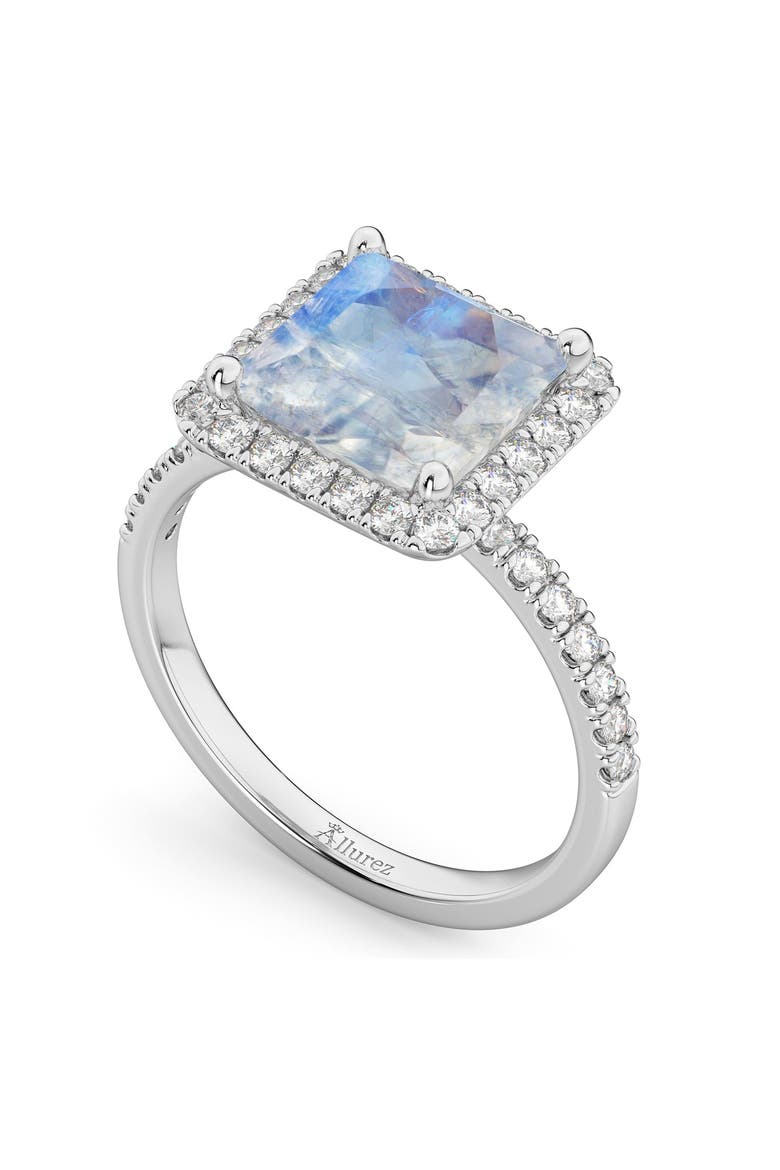 Princess Cut Halo Moonstone & Diamond Engagement Ring 14K, Alternate, color, 3.47ct/White Gold
