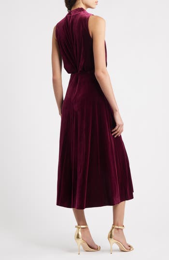 Cowl Neck High-Low Velvet Midi Dress
