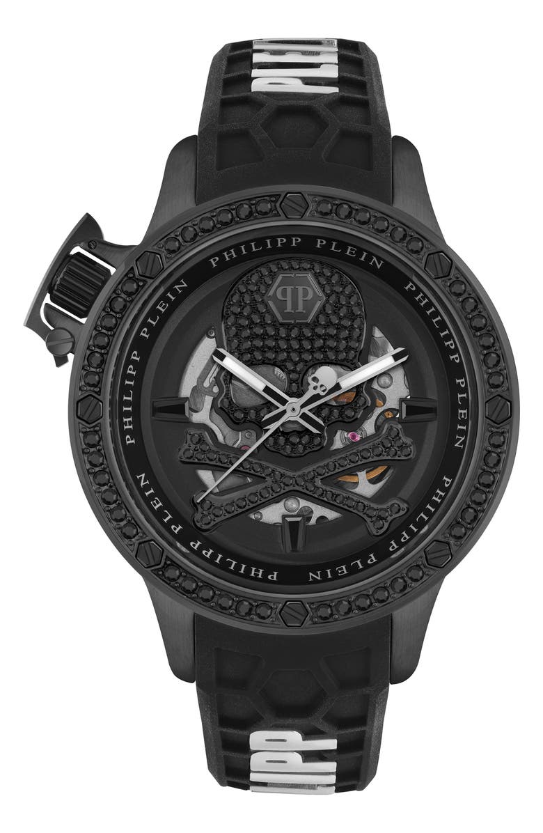 PHILIPP PLEIN Rich Skeleton Automatic Silicone Strap Watch, 46mm, Main, color,