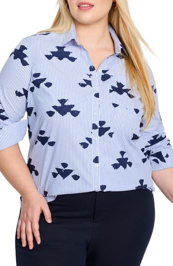 Nic + Zoe Nic+zoe Stamped Stripe Stretch Cotton Button-up Shirt In Multi