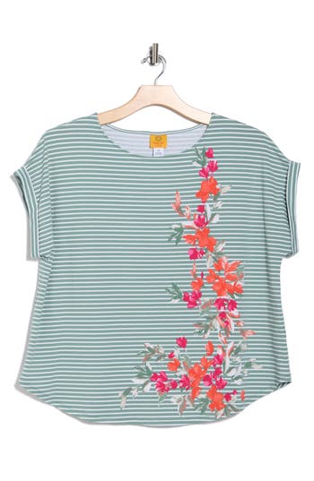 Ruby Rd. Plus Size Floral Stripe Jersey Top In Blue