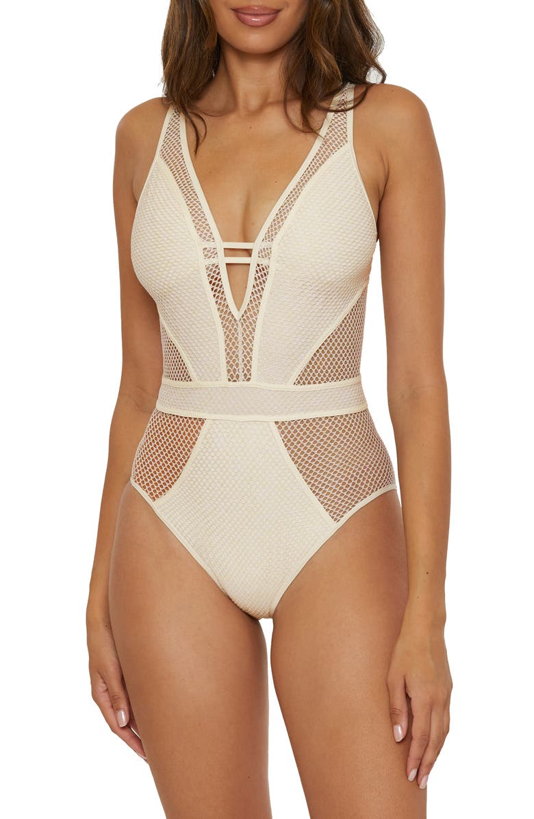Becca Network Mesh One-Piece Swimsuit, Main, color, Ecru