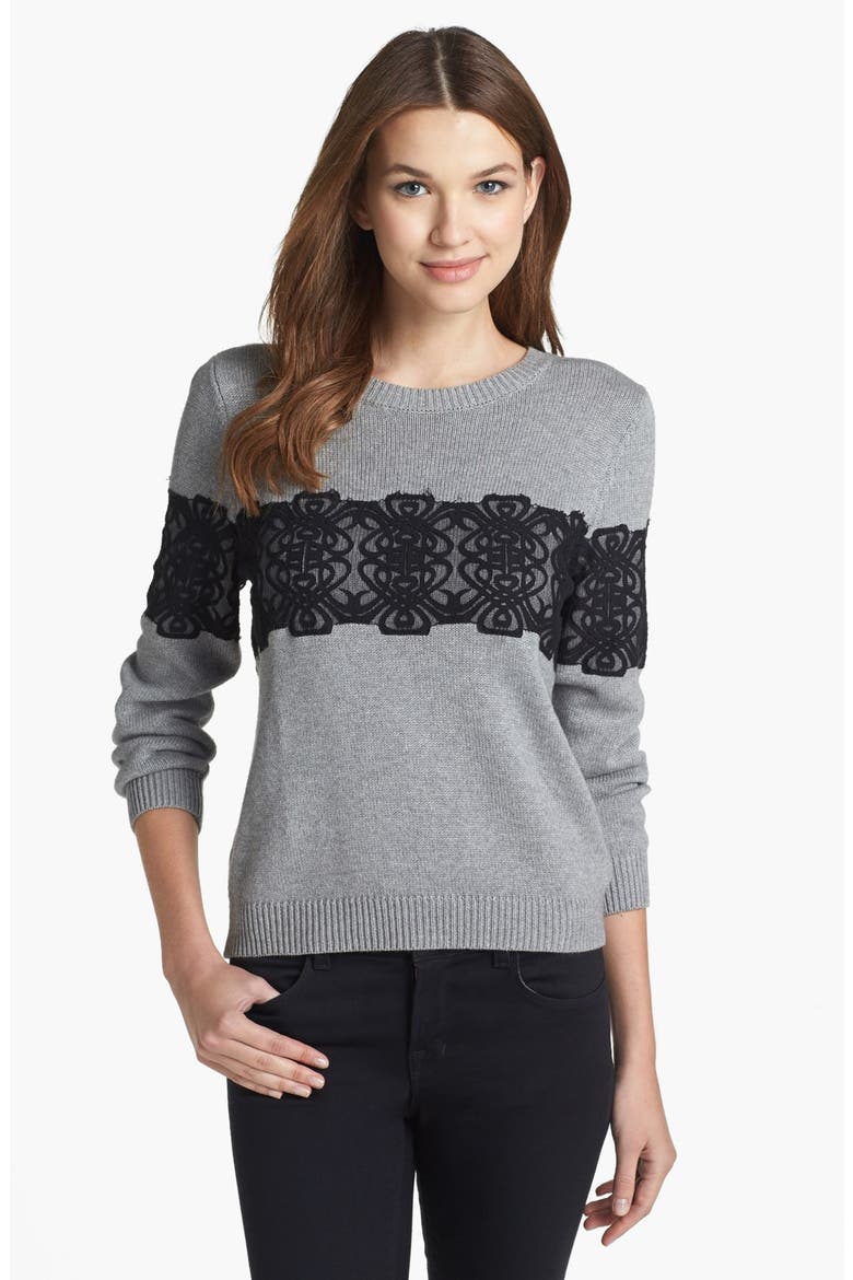 Embellished Sweater, Main, color, LIGHT GREY/ BLACK LACE