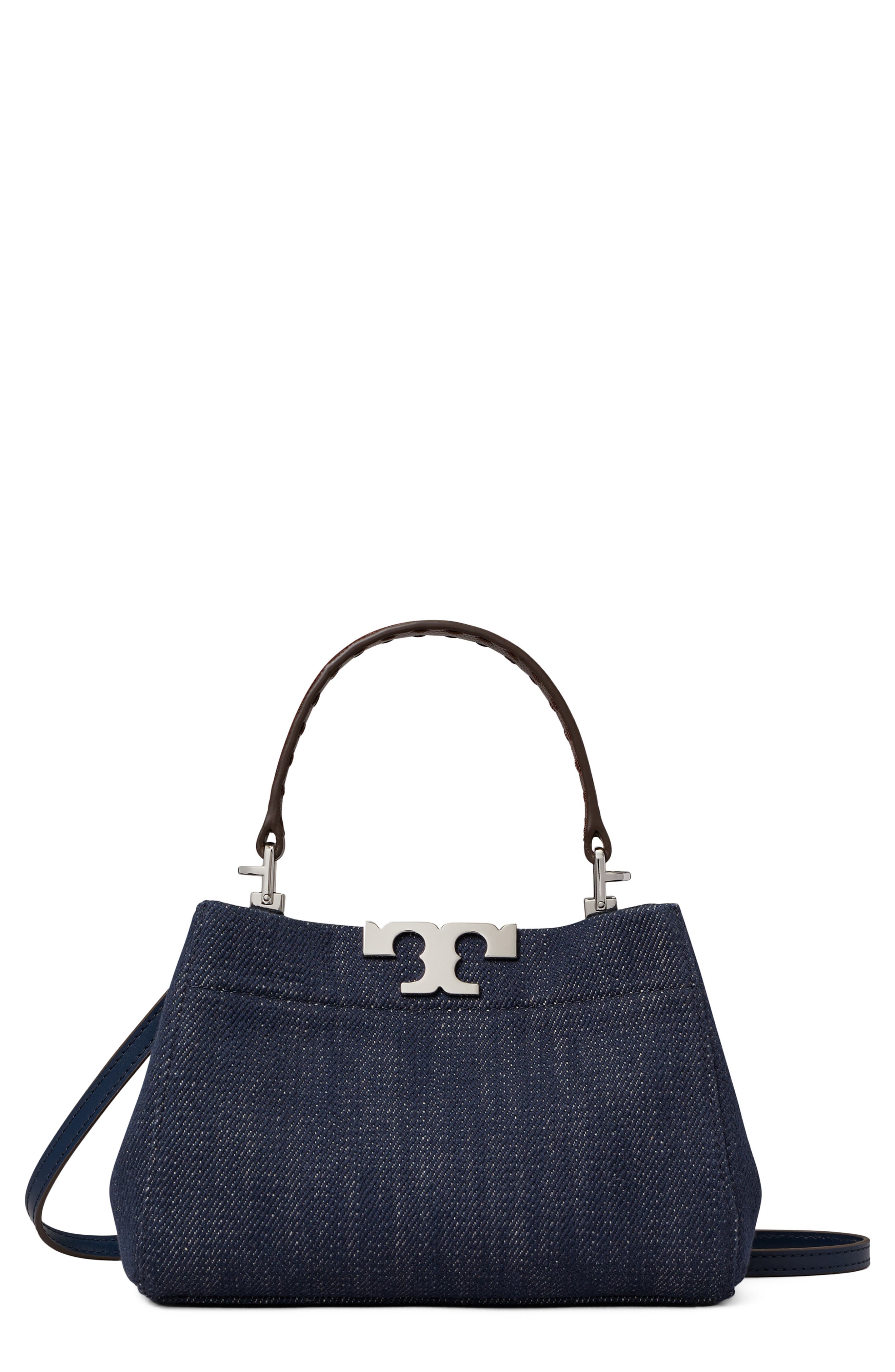 Tory Burch Mini Eleanor Denim Satchel, Main, color, Midnight