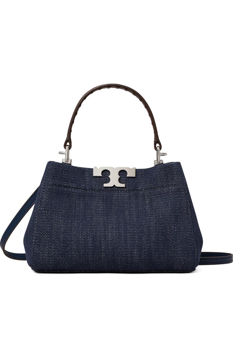 Tory Burch Mini Eleanor Denim Satchel, Main, color, Midnight