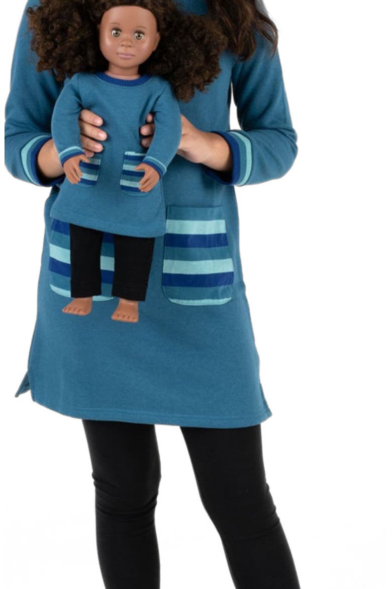 Girls Sweatshirt Dress with Matching Doll Dress, Alternate, color, TEAL BLUE