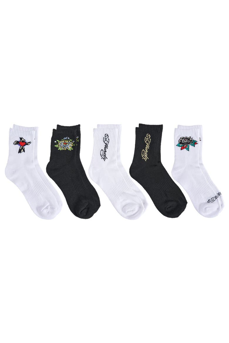 Flower Heart Print Half Cushion Mid Crew Sock 5-Pack, Alternate, color, White Multi