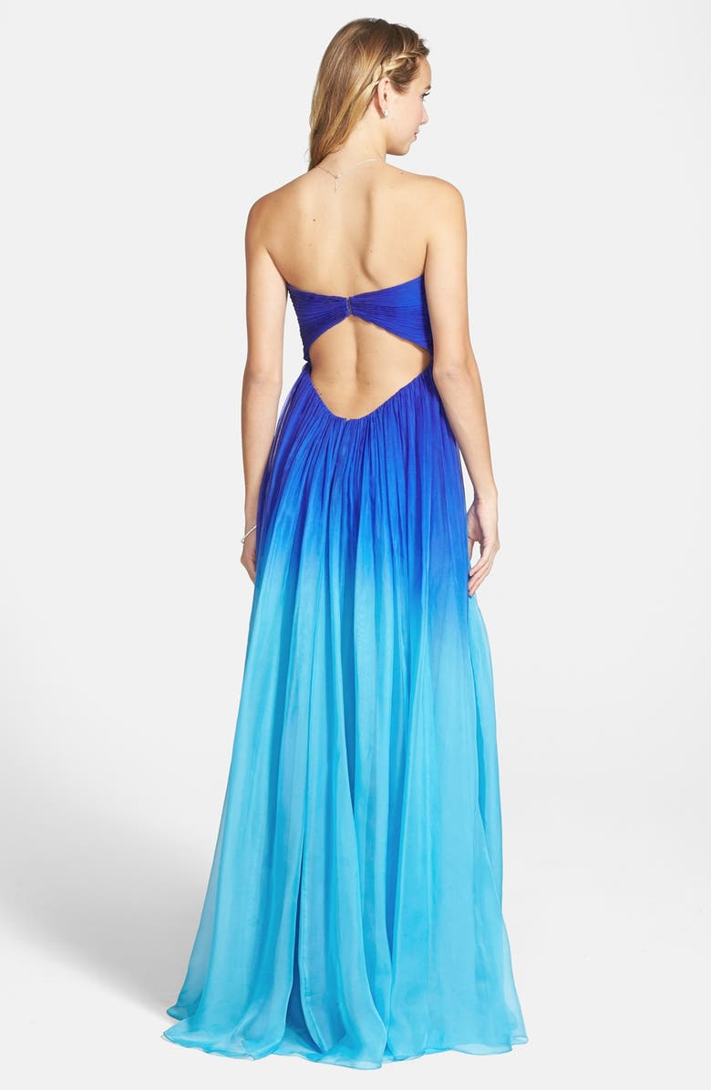 La Femme Ruched Ombré Chiffon Strapless Gown, Alternate, color,
