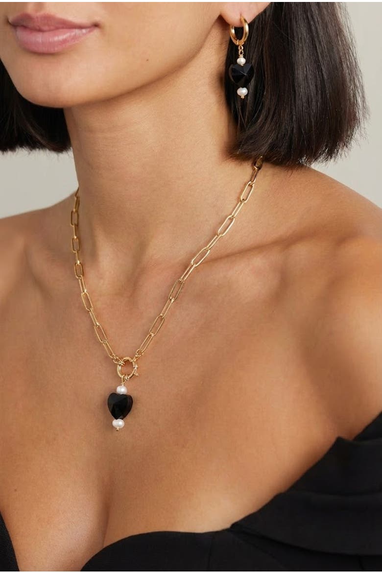 Heart Drop 18K Gold Plated Chain Necklace And Hoop Earring Set, Alternate, color, Metallic Gold