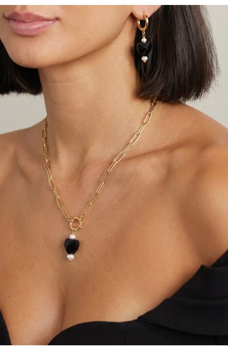 Joey Baby Heart Drop 18K Gold Plated Chain Necklace And Hoop Earring Set, Alternate, color, Metallic Gold