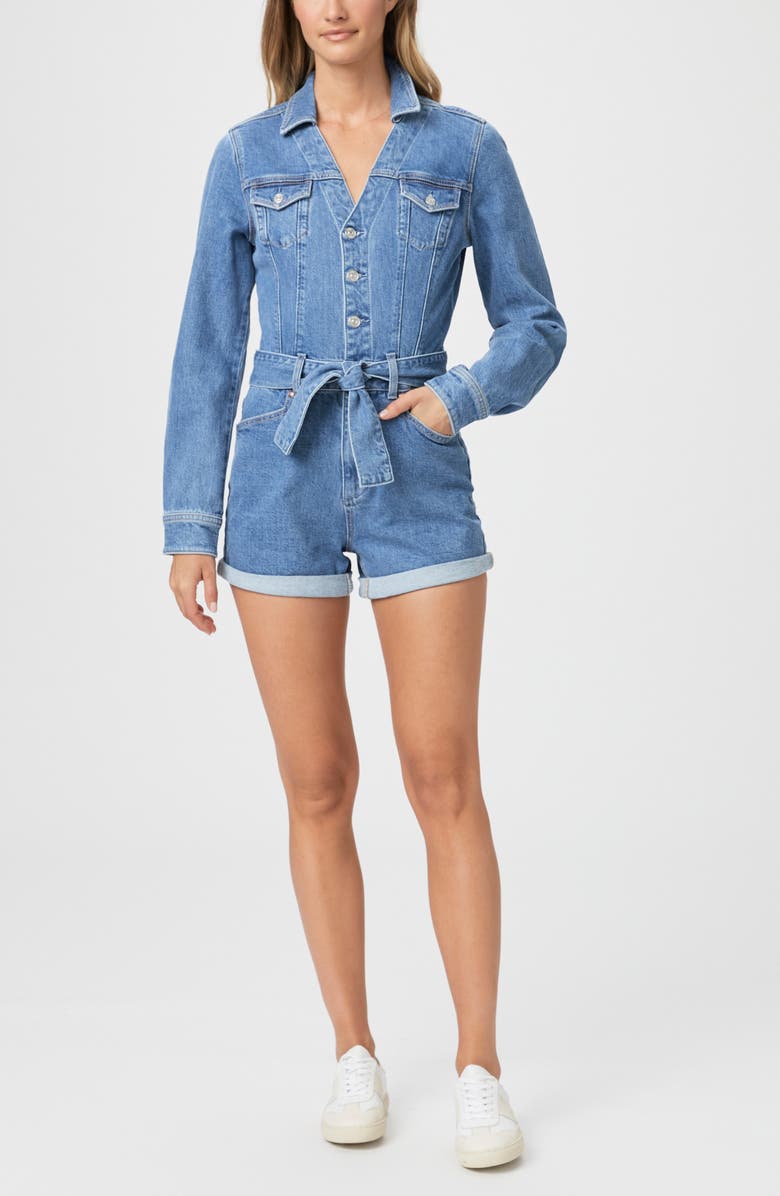 PAIGE Maggy Tie Waist Long Sleeve Denim Romper, Alternate, color, Tracey