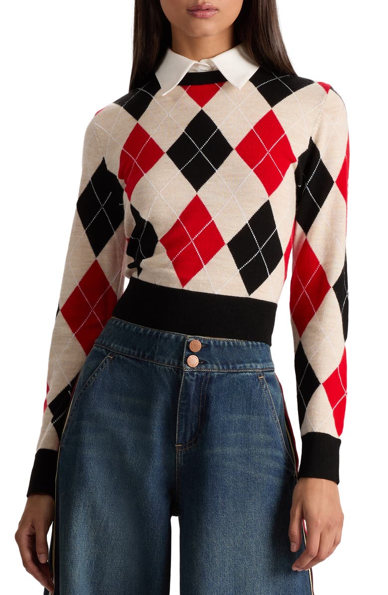 Alice + Olivia Carol Ann Wool Blend Argyle Sweater with Removable Collar, Main, color,