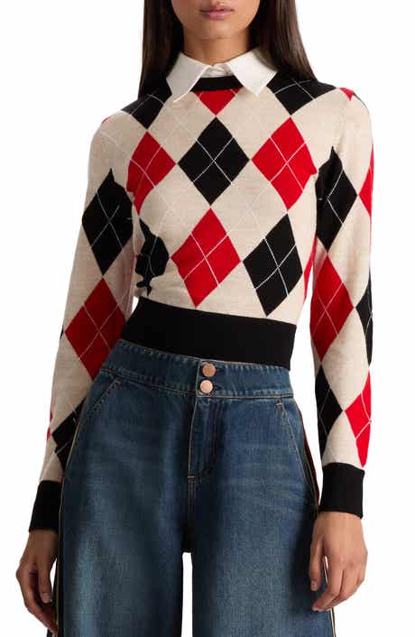 Alice + Olivia Carol Ann Wool Blend Argyle Sweater with Removable Collar