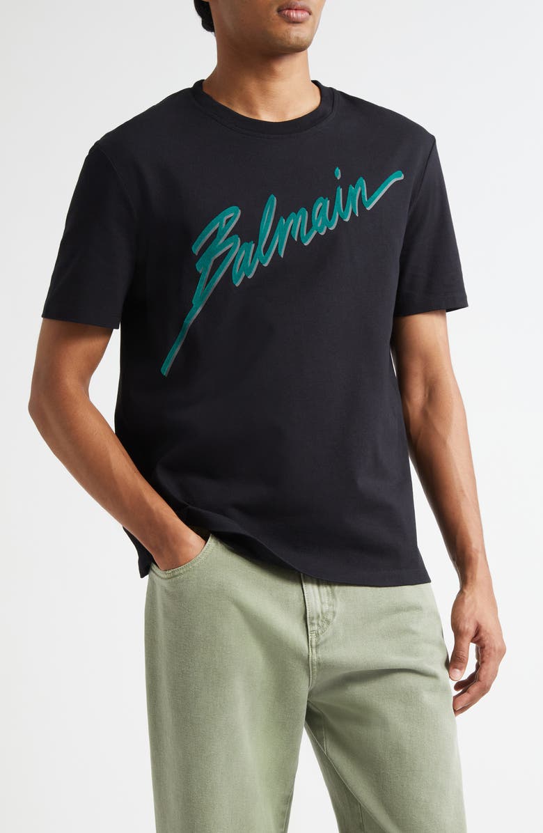 Balmain Letter Flocked Logo T-Shirt, Main, color, Eoj Black/ Emerald