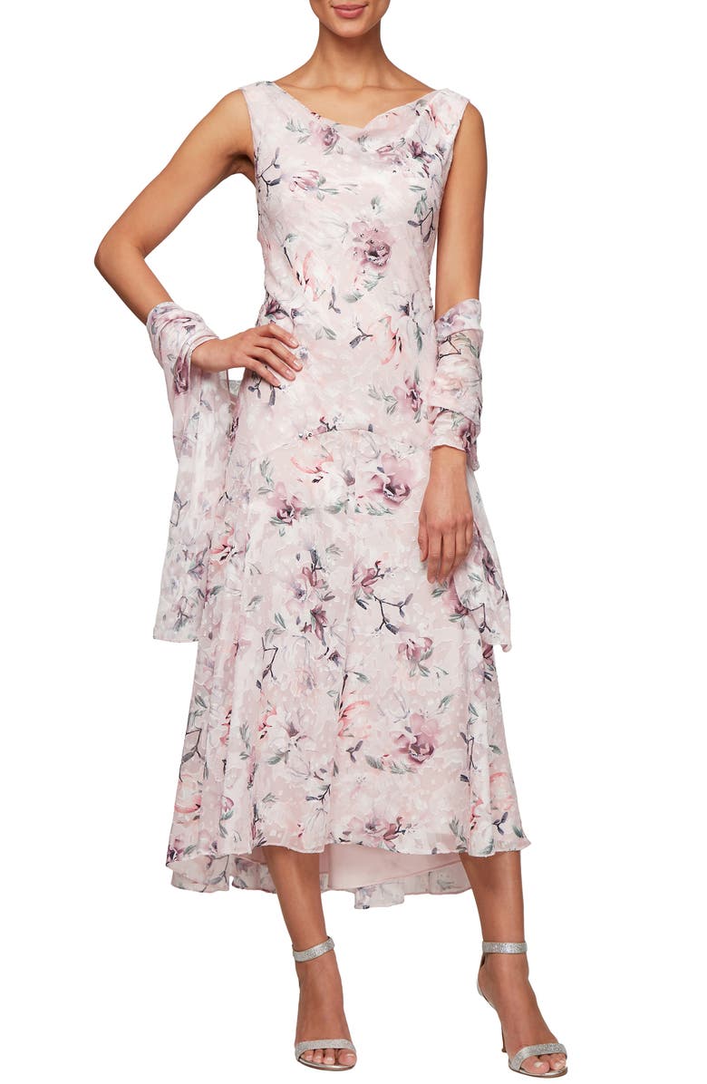 Alex Evenings Floral Burnout High/Low Chiffon Dress with Wrap, Main, color, Blush Multi