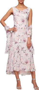 Alex Evenings Floral Burnout High/Low Chiffon Dress with Wrap