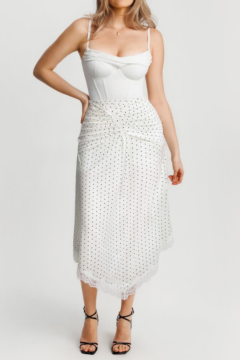Built In Shapewear Satin Ruched Mermaid Skirt with Lace Trim, Alternate, color, Snow