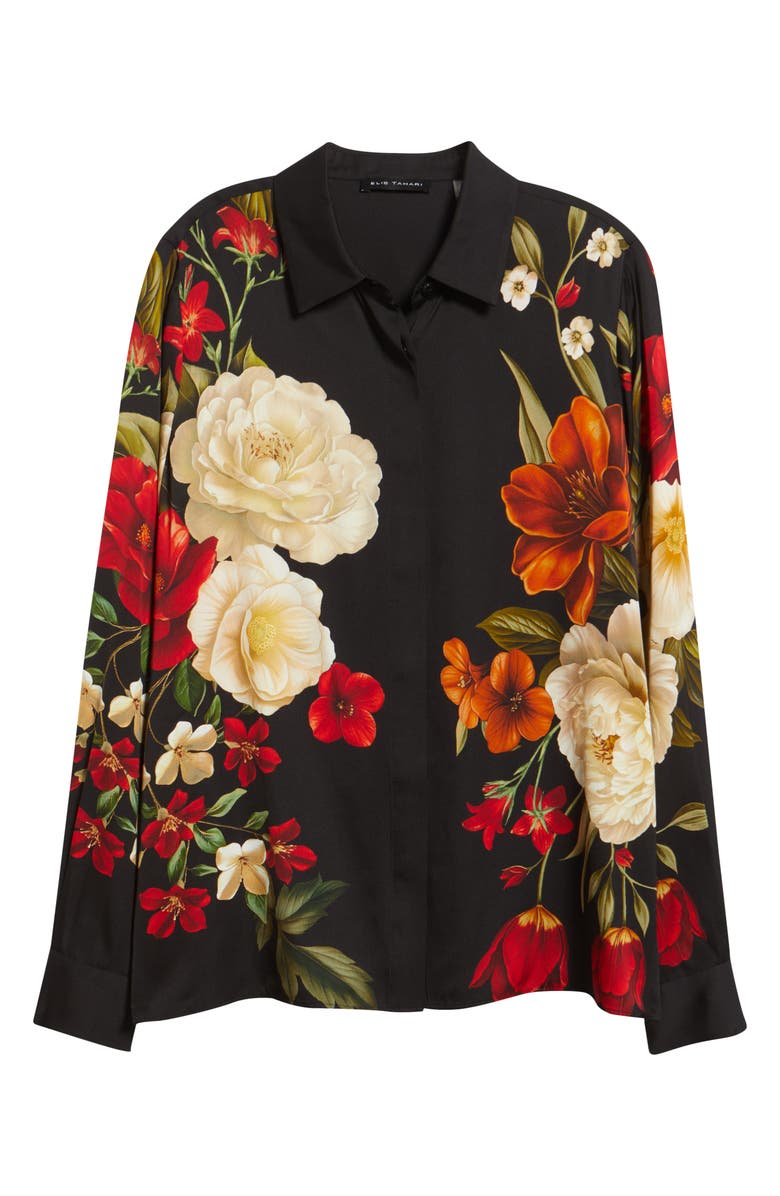Elie Tahari The Shae Floral Stretch Silk Button-Up Shirt, Alternate, color, Lovestruck Black