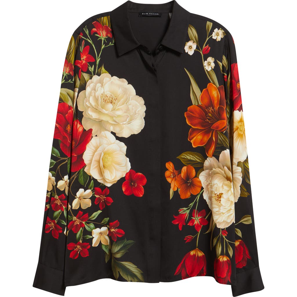 Elie Tahari The Shae Floral Stretch Silk Button-up Shirt In Black