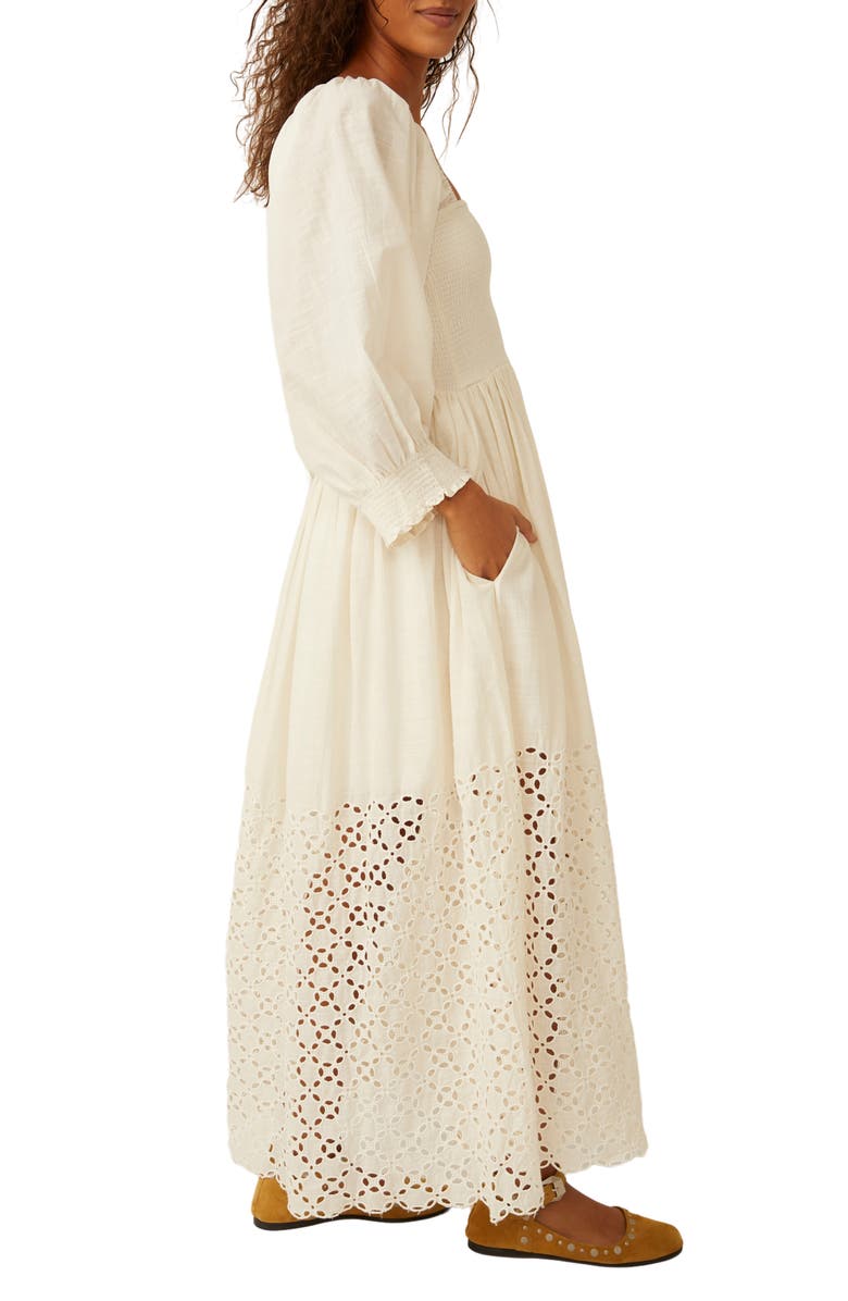 Free People Perfect Storm Smocked Eyelet Long Sleeve Maxi Dress, Alternate, color, Tea