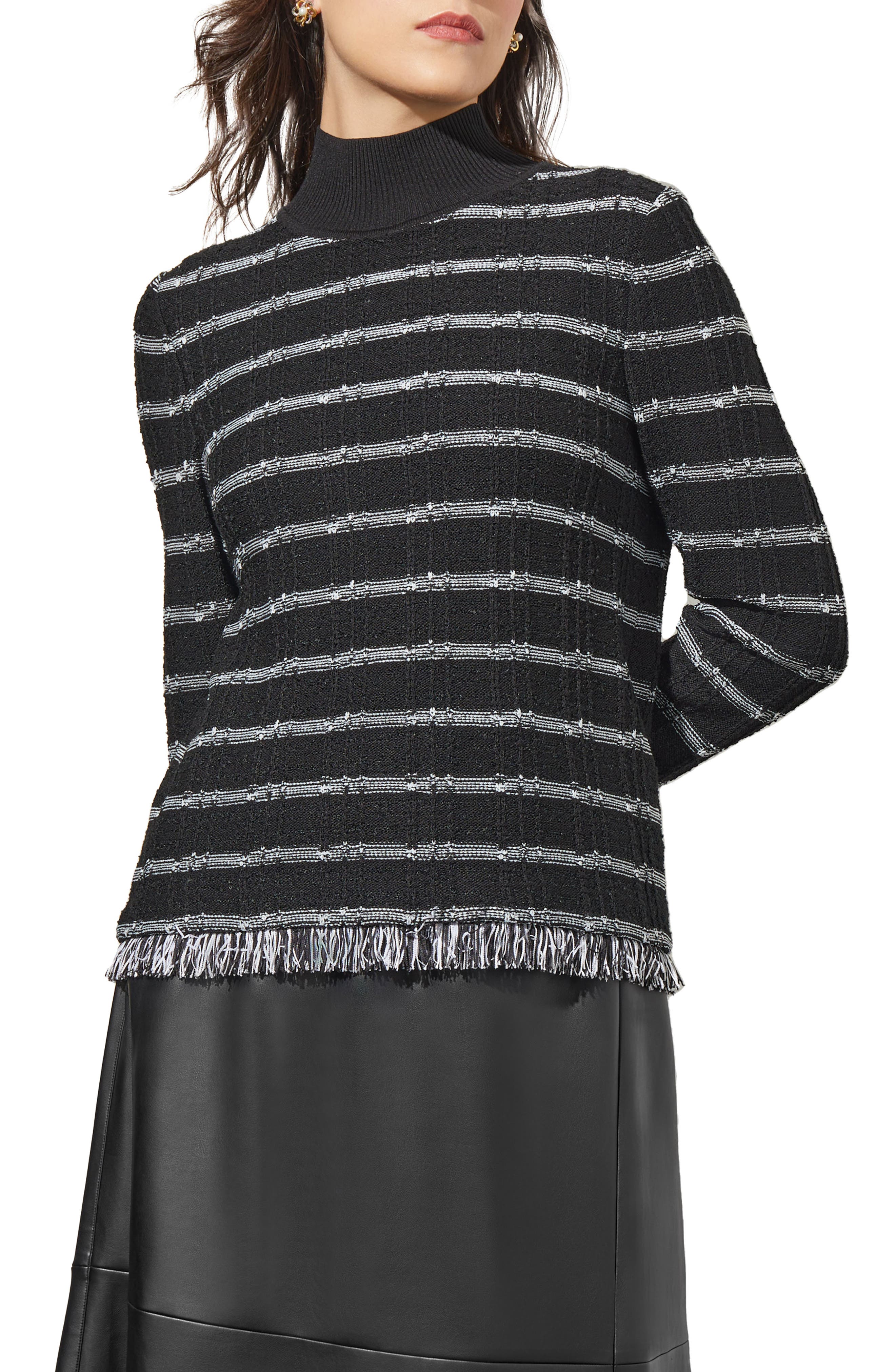 Stripe Fringe Bouclé Rib Sweater