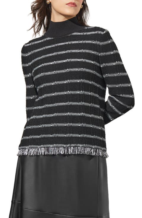 Stripe Fringe Bouclé Rib Sweater