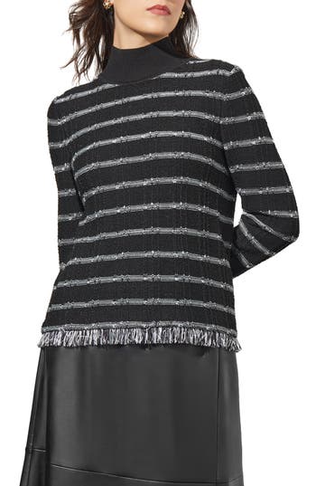 Ming Wang Stripe Fringe Bouclé Rib Sweater In Black