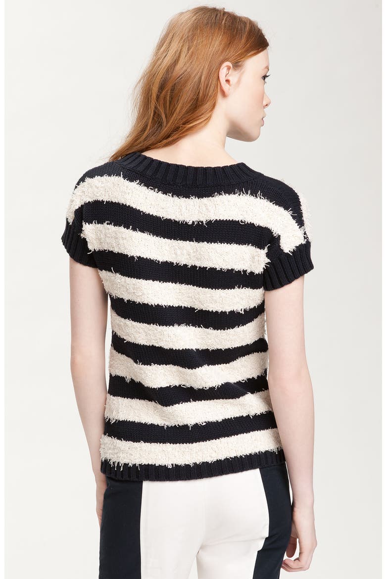 Fringe Stripe Short Sleeve Sweater, Alternate, color, MIDNIGHT/ ECRU