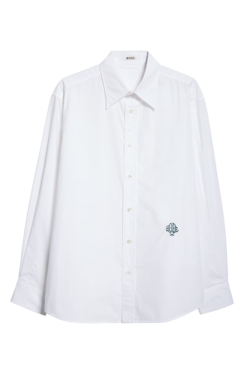 Bode Monogrammed Cotton Poplin Button-Up Shirt, Alternate, color, White