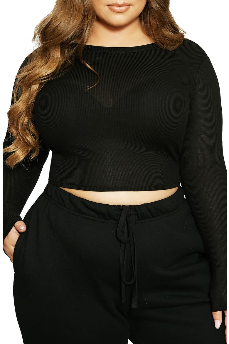 x Lori Harvey Crewneck Long Sleeve Rib Crop Top, Alternate, color, BLACK