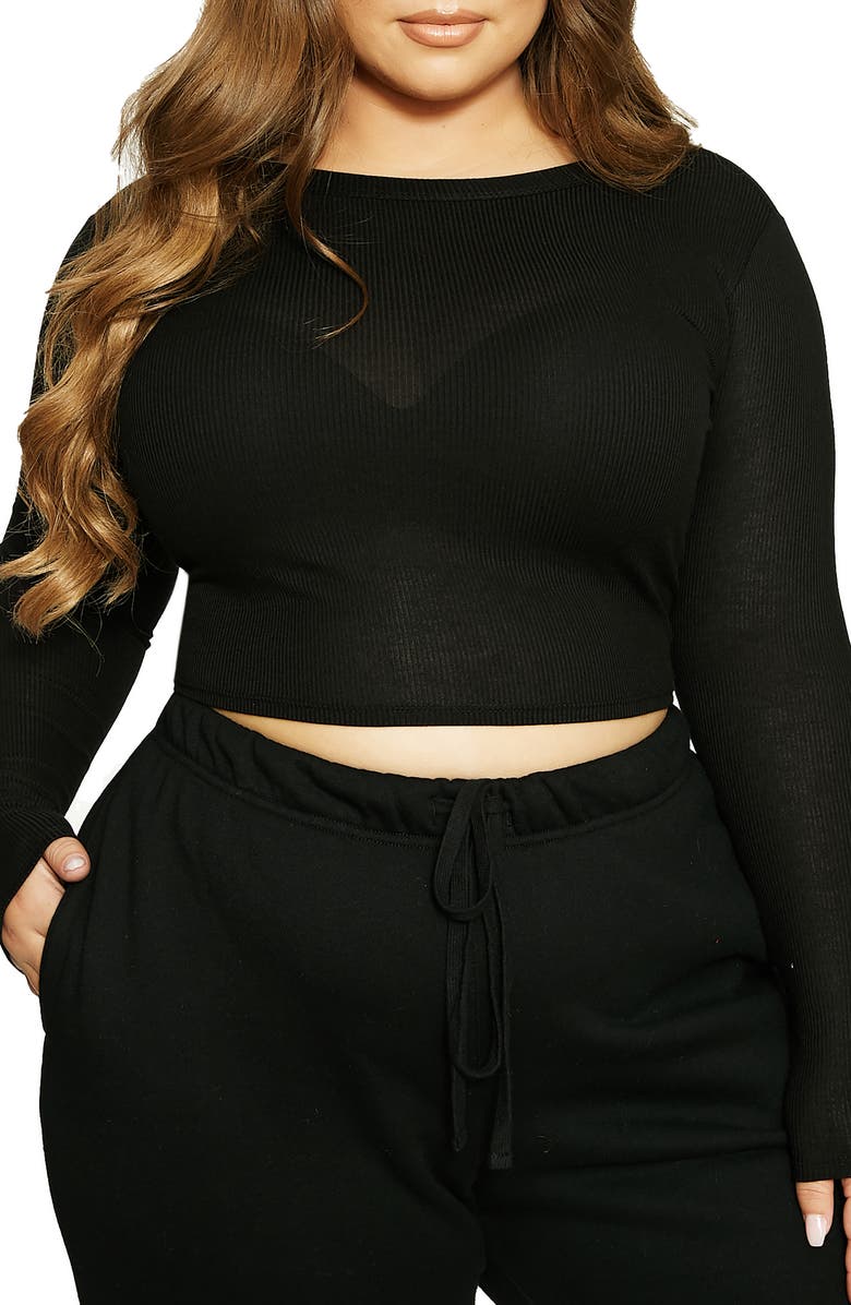 Naked Wardrobe x Lori Harvey Crewneck Long Sleeve Rib Crop Top, Alternate, color, 