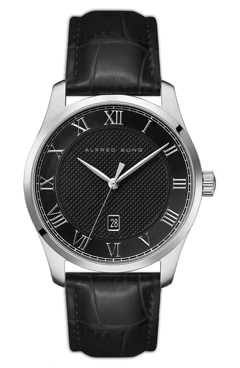 Alfred Sung Winslow Leather Strap Watch, 42mm, Main, color, Black Strap/Black Dial
