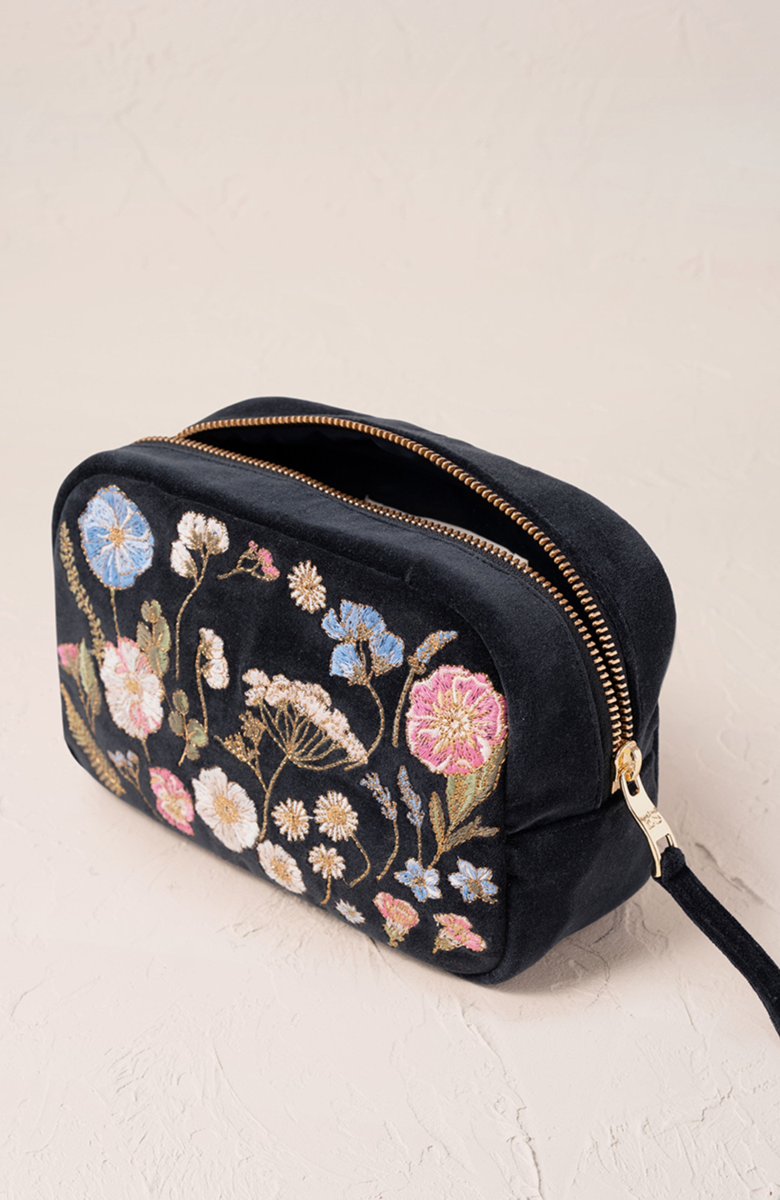 Pressed Flowers Velvet Makeup Bag, Alternate, color, Charcoal