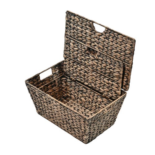 Happimess Wilder Classic Farmhouse Woven Hyacinth Rectangular Storage Baskets With Lids And Handles, In Brown