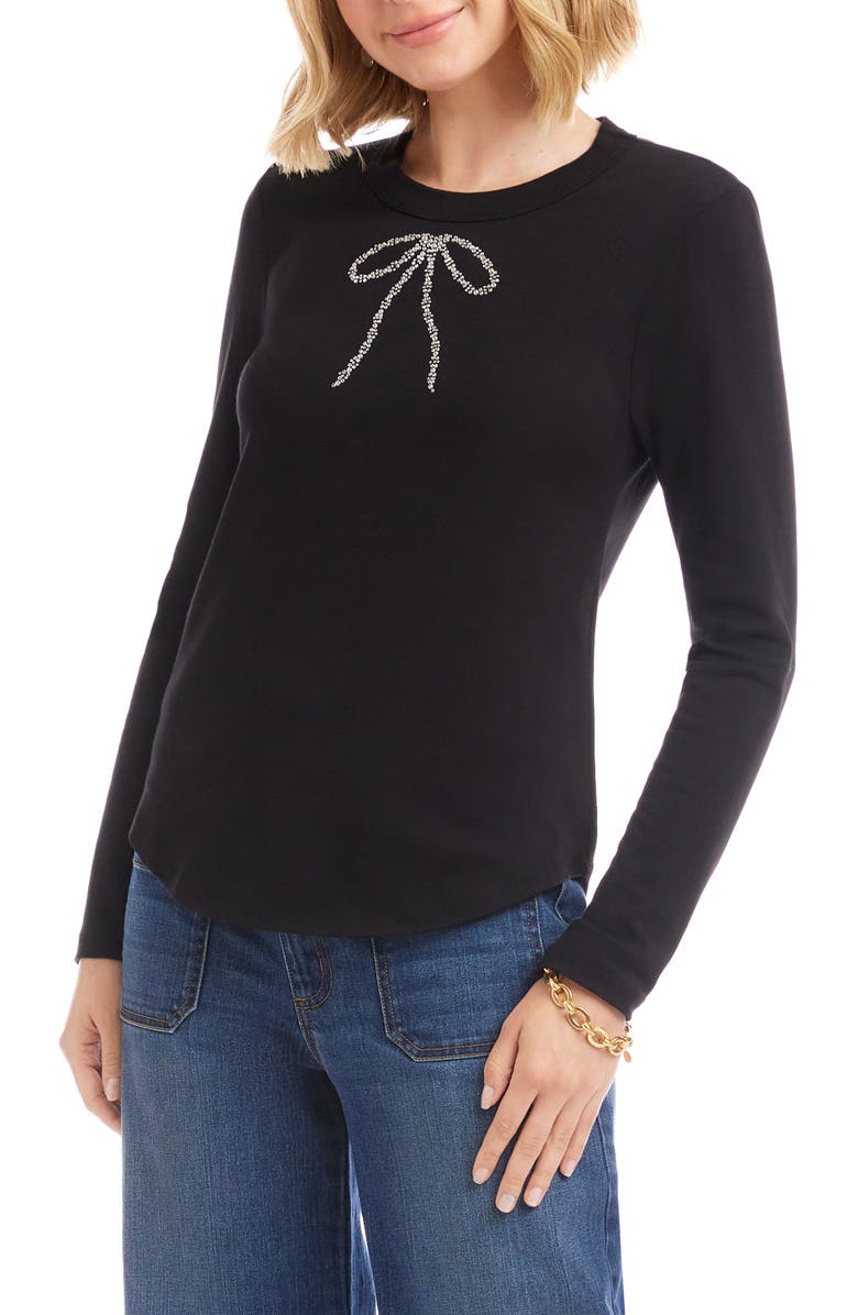 Karen Kane Embellished Rhinestone Bow Long Sleeve T-Shirt, Alternate, color, Black