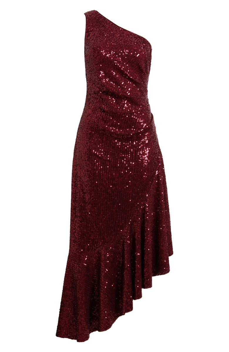Eliza J Sequin One-Shoulder Midi Cocktail Dress, Alternate, color, Wine